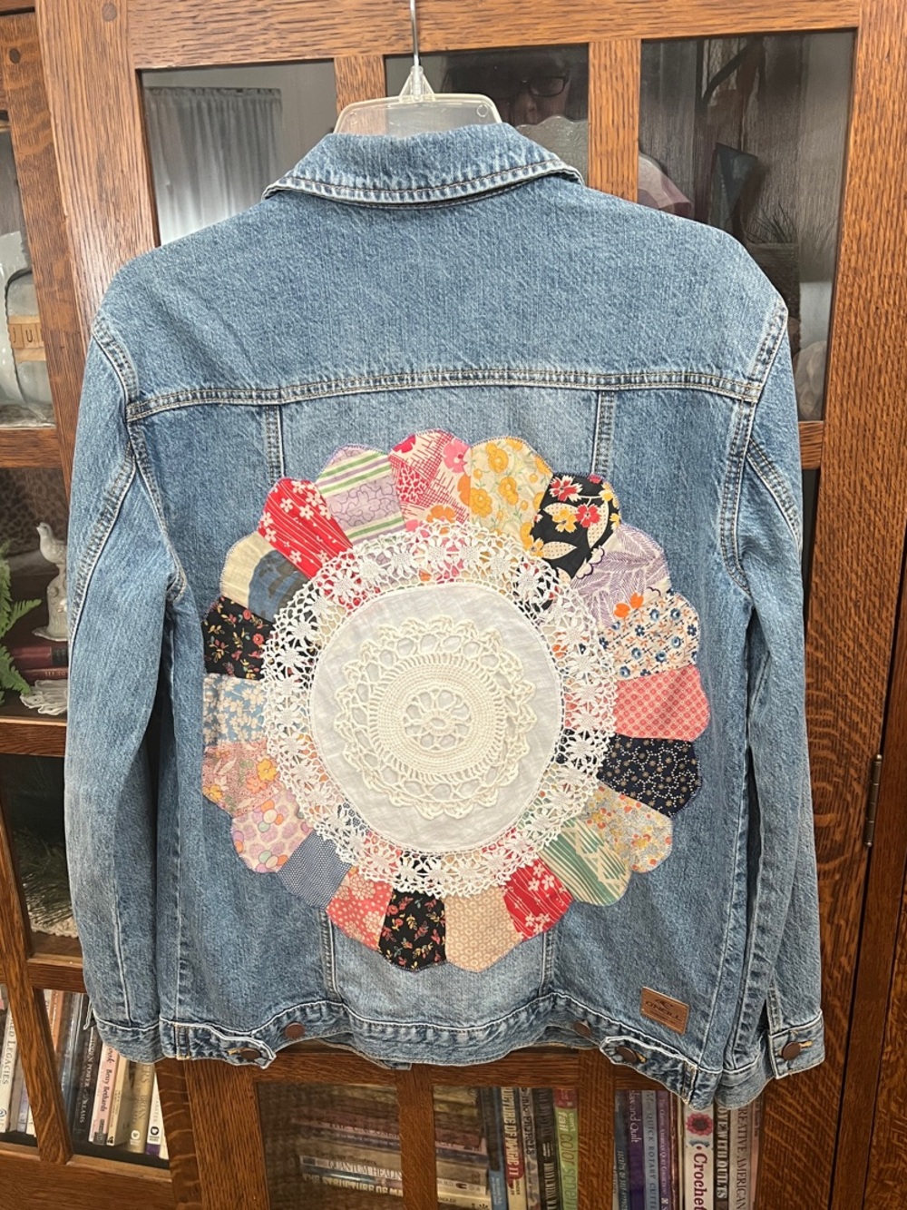 Decorative Vintage Patchwork 30’s Feedsack Print Denim Jacket with Doily Back